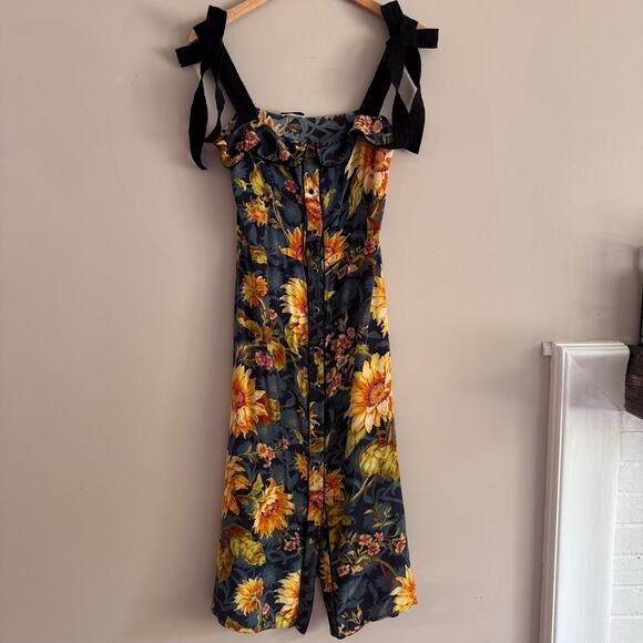 Sandro Paris Matti Floral-Print Silk Midi Dress Bow Shoulder Size EU 36, US 4 - Picture 2 of 11